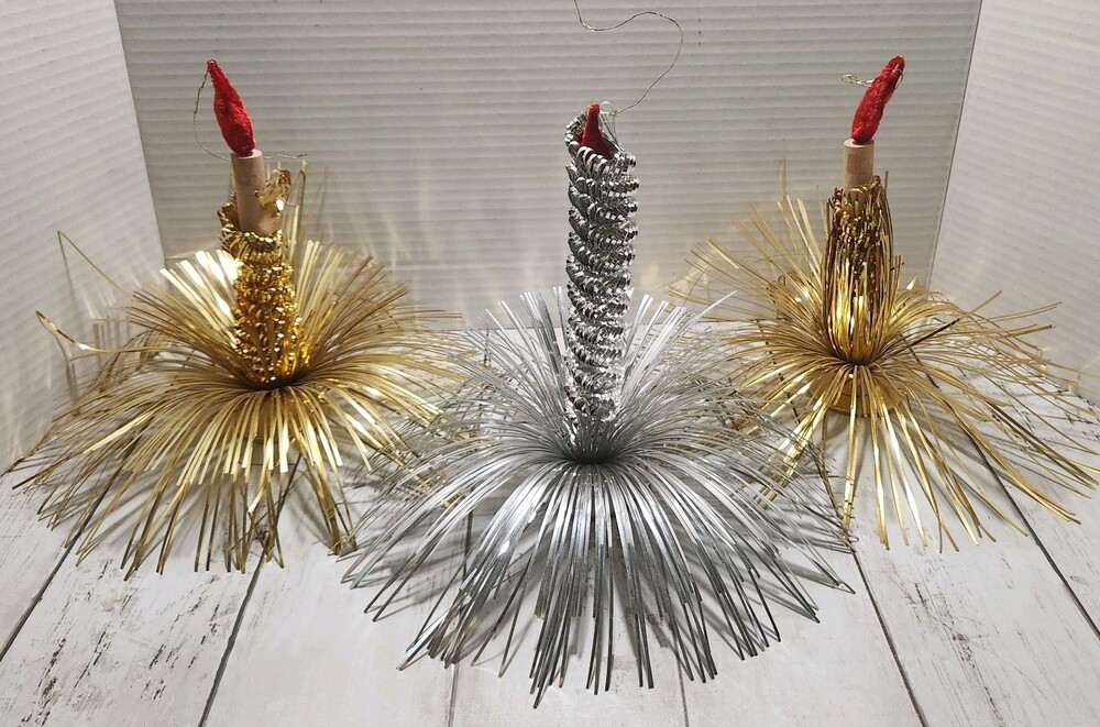 3 Vtg 8" Tinsel Christmas Candles Decor Foil Starburst Ornaments MCM Foil Rare